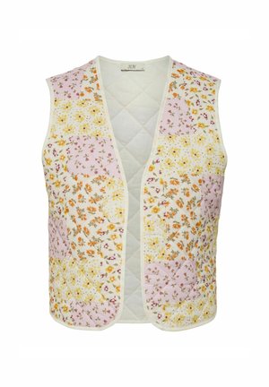 Quilted vest featuring pastel floral patterns in pink, yellow, and orange, with a V-neckline and cream trim, providing a lightweight texture.