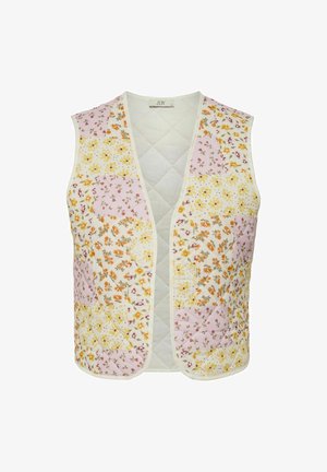Gevoerde vest met pastel bloemmotieven in roze, geel en oranje, met een V-halslijn en crèmekleurige afwerking, die een lichte textuur biedt.