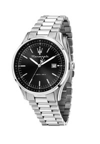 Edelstahl-Armbanduhr mit schwarzem Zifferblatt, silbernen Zeigern und Datumsanzeige. Verfügt über ein Gliederarmband und ein Markenlogo auf der 12-Uhr-Position.