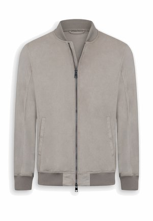 Hellgraue Bomberjacke mit Reißverschluss, geripptem Kragen, Bündchen und Saum, seitlichen Einschubtaschen und glattem Stoff.