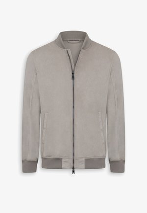 Vaaleanharmaa vetoketjullinen bomber-takki, jossa on resorikaulus, -hihansuut ja -helma, sivuhalkiolliset taskut ja sileäpintainen kangas.