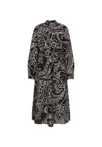 Schwarz-weiß gemustertes Kleid mit langen Ärmeln, Kragen und Gürtel. Verfügt über ein filigranes Paisley-Design, leichtes Material und fließende Silhouette.