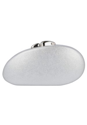 Pequeño bolso de mano plateado con tela texturizada y cierre metálico, diseño ovalado y liso con forma de guijarro.