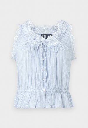 Ανοιχτό μπλε μπλούζα χωρίς μανίκια με λευκές κάθετες ρίγες, δαντελωτό γιακά με βολάν, κουμπιά στο μπροστινό μέρος και ελαστική μέση με βολάν στο τελείωμα.