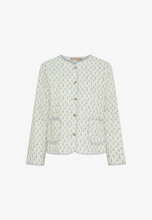 Blomstermønsteret let jakke i crème med blå detaljer, træknapper, rund halsudskæring og to forlommer. Letvægtsstof.