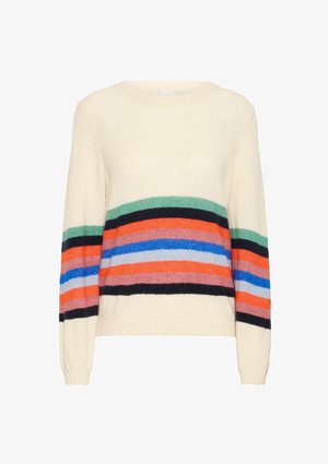 Pull en tricot crème avec des rayures horizontales noires, orange, vertes, roses et bleues. Encolure ronde et finitions côtelées aux poignets et à l'ourlet.