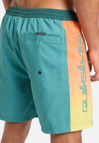 Zelené plavky s elastickým pasem, zadní kapsou se zasouvacím uzávěrem a postranním designem s oranžovo-žlutým gradientem s logem.