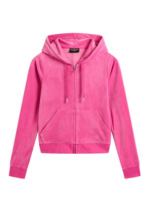 Pink velvet zip-up hoodie with a drawstring hood, front pockets, ribbed cuffs, and a small embroidered logo on the left chest.