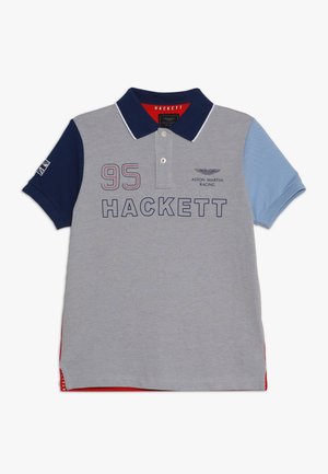 Kurzärmeliges Poloshirt aus grauer, marineblauer und hellblauer Baumwolle. Mit roten Akzenten, "95"-Logo und Aston Martin-Stickerei auf der Brust.