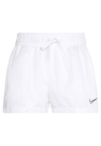 Bílé sportovní šortky vyrobené z síťoviny. Mají elastický pás s šňůrkou a malé černé logo Nike v dolním levém rohu.