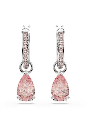 Pink teardrop earrings feature a central pear-shaped stone with clear accents, set in silver-tone metal, detailed with small round stones.