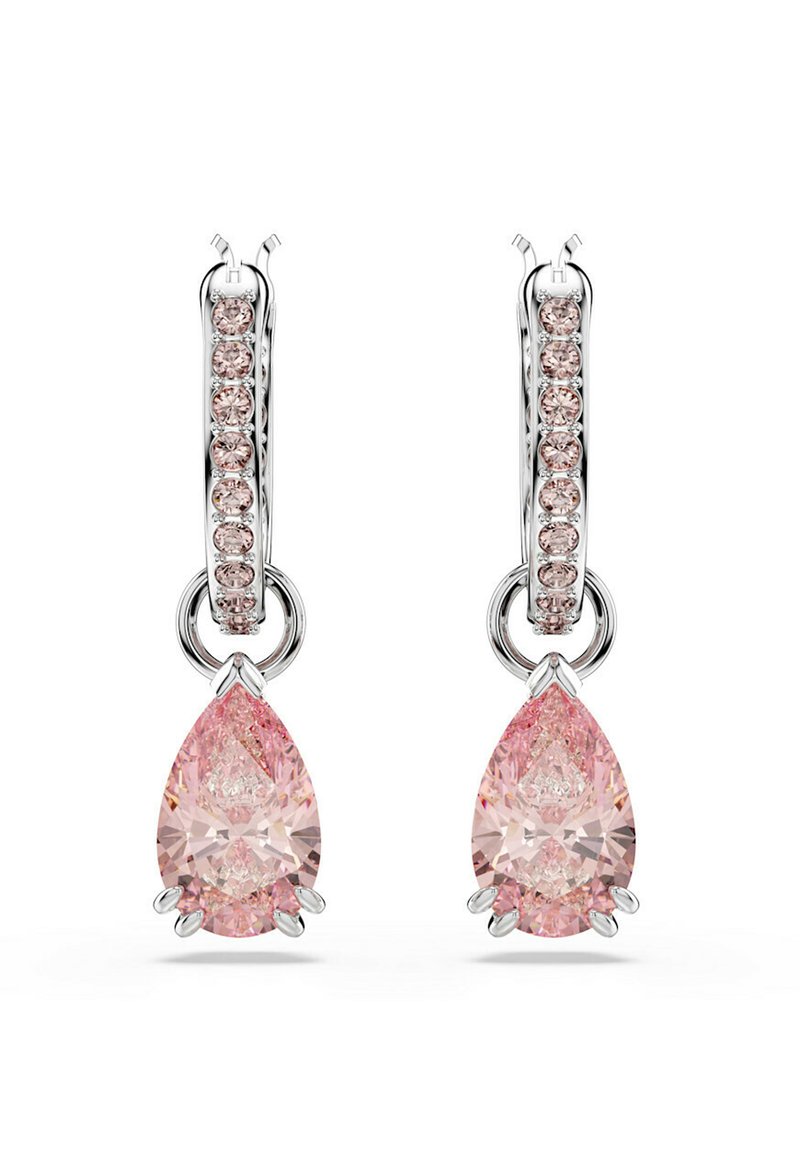 Rosa tårformade örhängen med en central päronformad sten och klara accenter, i silverfärgad metall, detaljerade med små runda stenar.