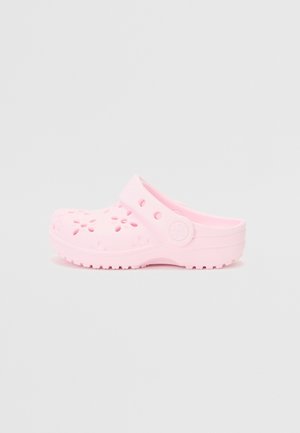 Rosa Plastikclogs mit Belüftungsöffnungen, Fersenriemen und strukturiertem Profil. Rundliche Zehenform und leichtes Design für optimalen Komfort.