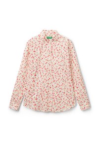 Camicia bianca a maniche lunghe con motivo floreale in rosso e verde, dotata di colletto classico e taglio dritto, realizzata in tessuto leggero.