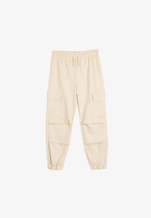 Beige cargo bukser lavet af blødt stof, med en elastisk talje, to sidelommer og tætsiddende rib ved anklerne.