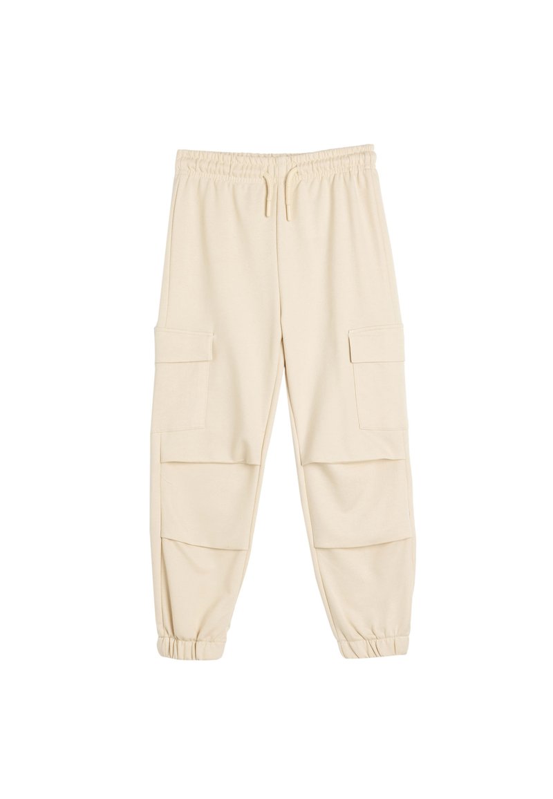 Beige cargo bukser lavet af blødt stof, med en elastisk talje, to sidelommer og tætsiddende rib ved anklerne.