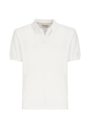Polo bianca a maniche corte con colletto morbido e patta a V, mostrata su uno sfondo bianco uniforme.
