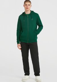Felpa verde con zip, cappuccio regolabile, tasche a marsupio, polsini a coste e logo ricamato sul petto. Abbinata a pantaloni neri e sneaker bianche.