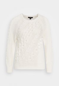 Maglione bianco a costine con scollatura rotonda e polsini a coste. Presenta texture diverse e motivi a treccia diagonali in tutto il capo.