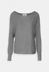 Maglione grigio a coste con scollatura ampia e maniche lunghe, caratterizzato da una vestibilità morbida e una texture morbida. Etichetta: ONLY.