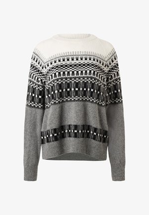 Gray sweater with a patterned yoke in black and white. Features a textured knit and ribbed cuffs, with a relaxed fit and crew neckline.