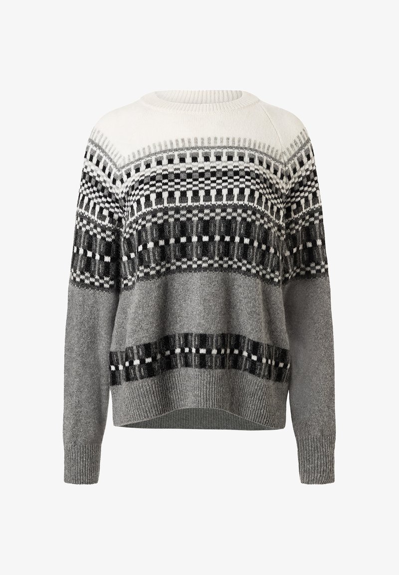 Grauer Pullover mit einem gemusterten Passe in Schwarz und Weiß. Verfügt über ein strukturiertes Strickmuster und gerippte Bündchen, mit einer lockeren Passform und einem Rundhalsausschnitt.