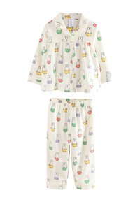 Ensemble pyjama deux pièces en tissu crème avec un imprimé ludique de lapin en plusieurs couleurs. Le haut est doté de boutons et d'un col, et le pantalon est élastiqué.