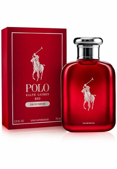 Polo Ralph Lauren Red Eau de Parfum 75 ml suihkepullo ja siihen sopiva punainen laatikko, jossa hopeinen ratsastajapoloilijan logo ja teksti.
