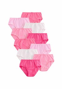Tio par damunderkläder i olika nyanser av rosa och vitt, med mjukt material, hög midja och dekorativa rosetter på midjebandet.