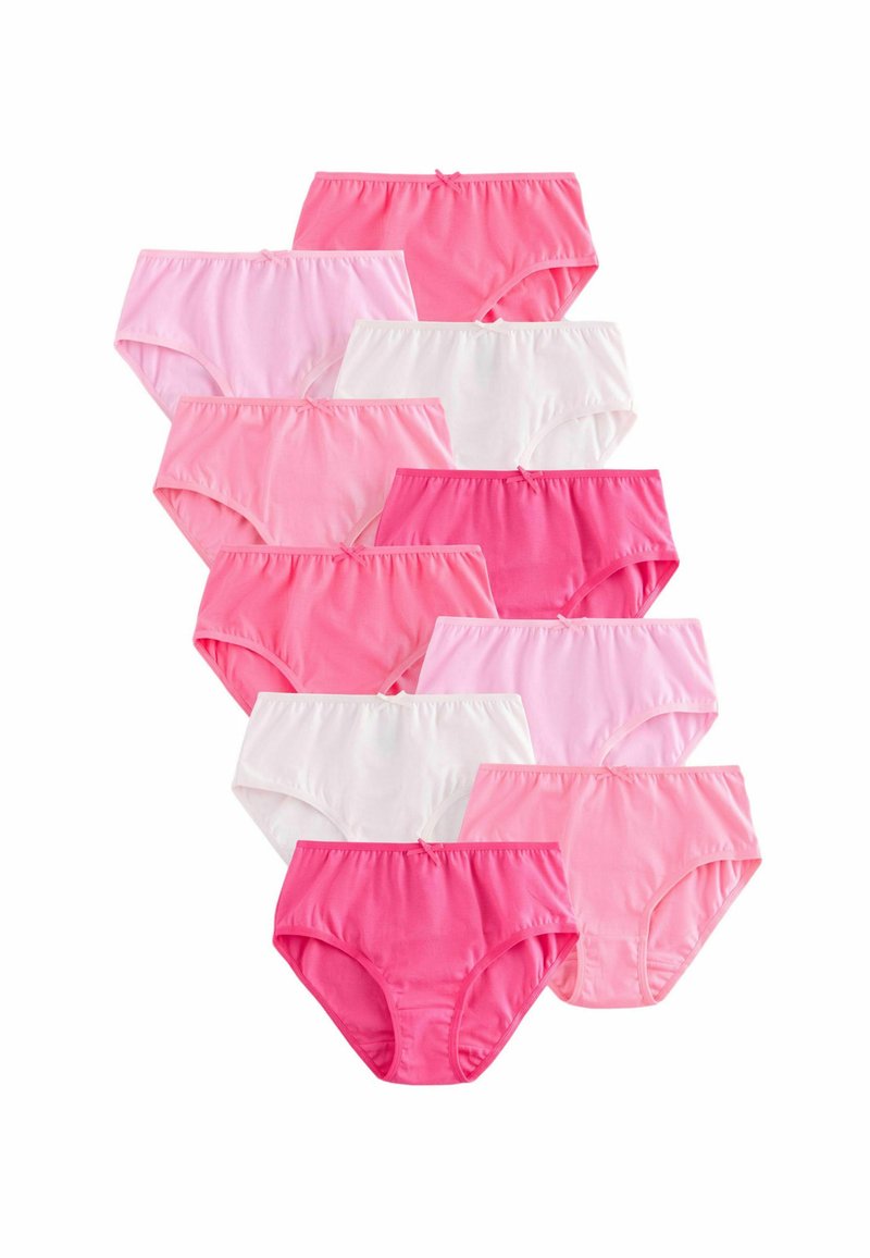 Tio par damunderkläder i olika nyanser av rosa och vitt, med mjukt material, hög midja och dekorativa rosetter på midjebandet.