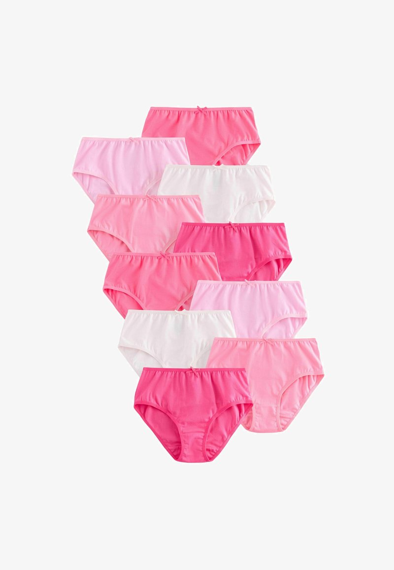 Dix paires de sous-vêtements féminins dans différentes nuances de rose et de blanc, disposées en motif décalé sur un fond blanc.