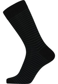 Black sock with thin, dark green horizontal stripes. Features a ribbed cuff and smooth texture. Classic design, suitable for various occasions.