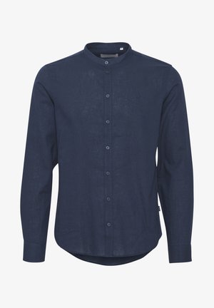 Navyblaues, langärmliges Hemd aus Leinen mit Stehkragen, durchgehender Knopfleiste und abgerundetem Saum. Mit feiner Textur und Nähten.