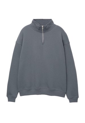 Mørkegrå sweatshirt med høj krave, halvlynlås foran og ribbet manchetter og kant, lavet af et blødt, struktureret stof.
