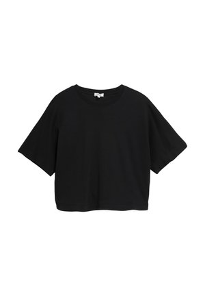 Czarny krótki t-shirt z krótkimi rękawami i okrągłym dekoltem, prosty design, przedstawiony na białym tle.