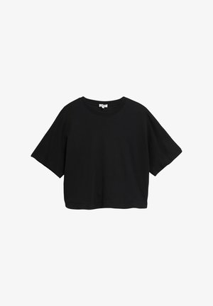 Czarny krótki t-shirt z krótkimi rękawami i okrągłym dekoltem, prosty design, przedstawiony na białym tle.