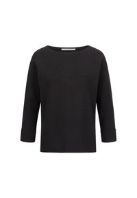 Svart topp med trekvartsärmar och båthalsringning, med en mjuk textur och en enkel design. Upprullade manschetter ger en subtil detalj.