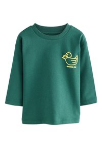 Grøn bomuldssweatshirt med rund hals og trekvartlange ærmer. Har en gul andegrafik og teksten "Quacking Fun."