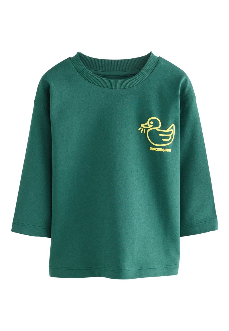 Grøn bomuldssweatshirt med rund hals og trekvartlange ærmer. Har en gul andegrafik og teksten "Quacking Fun."