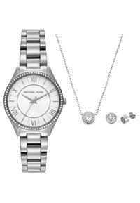 Silver Michael Kors watch with crystal bezel, matching silver necklace with round crystal pendant, and pair of stud earrings with clear stones.