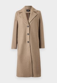 Manteau en mélange de laine marron avec un col, fermeture à boutons sur le devant et manches longues. Texture lisse, coupe mi-longue et design classique.