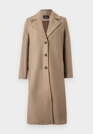 Bruine wollen blendjas met een kraag, sluiting met knopen aan de voorkant en lange mouwen. Glad oppervlak, knielange snit en klassiek ontwerp.