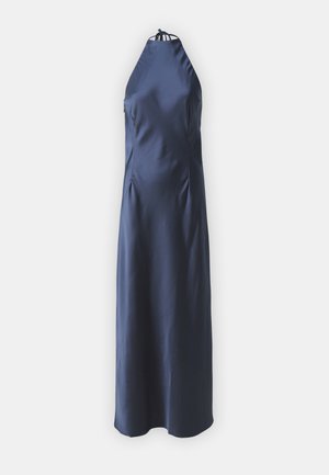 Mornarsko modra satenasta haljna obleka s prilegajočim se bodicem, stranskimi šivi in ravno silhueto. Se zaključi do gležnjev z gladko teksturo.