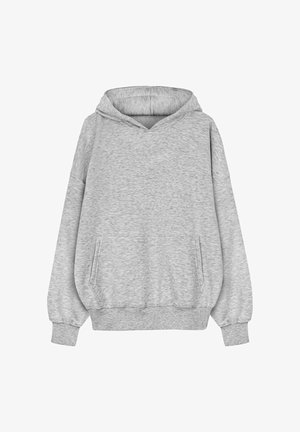 Szara bluza z kapturem z miękkiego materiału, z dekoltem w serek, długimi rękawami i przednią kieszenią. Wykończona ściągaczami na mankietach i na dole.