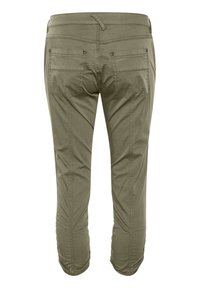 Olive green cropped pants made of soft fabric featuring two back pockets and side seams with stitching detail.
