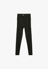 Svarta leggings med hög midja, tillverkade av elastiskt material. Har sidofickor och synliga sömdetaljer längs benen.