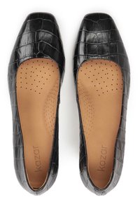 Black faux leather flats with a crocodile texture, square toe, and tan cushioned insole featuring perforations for breathability.