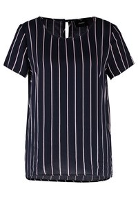 Navyblaues Kurzarmblusenshirt mit vertikalen weißen Streifen, Rundhalsausschnitt und einem kleinen Schlüssellochknopfverschluss auf der Rückseite.