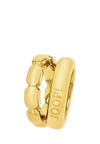 Guldring med två sammanlänkade band: ett slätt och runt, det andra med en textur i kedjelänkdesign. Märkt med "JOOP!"