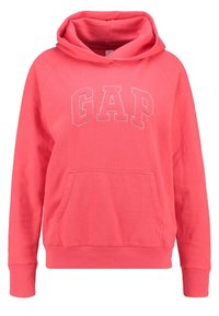 Korálová mikina s klokaní kapsou, žebrovanými manžetami a kapucí se šňůrkou. Na přední straně výrazné bílé logo "GAP". Měkká textura.